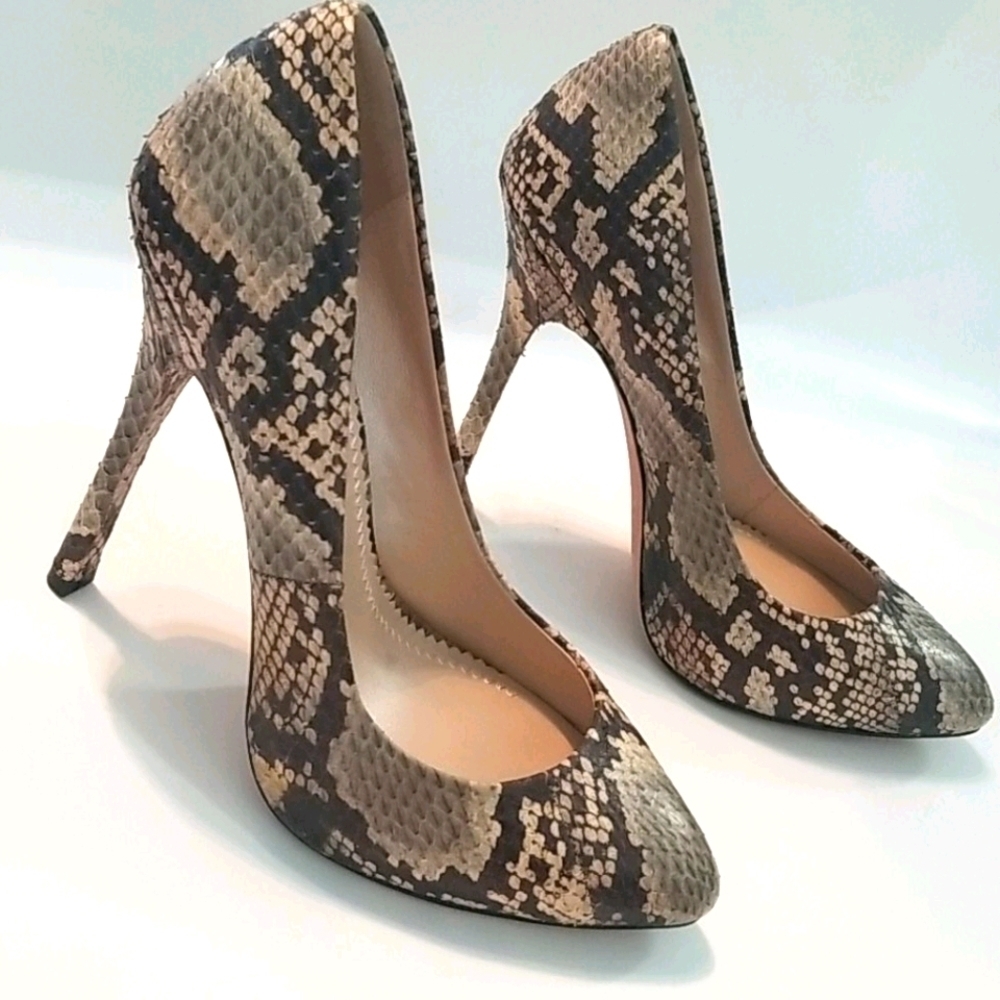 Tan snakeskin stiletto heels